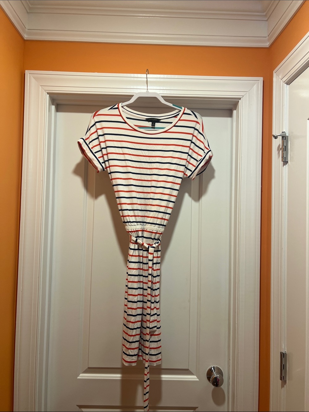 Banana Republic White Midi Dress with Red & Navy Stripes